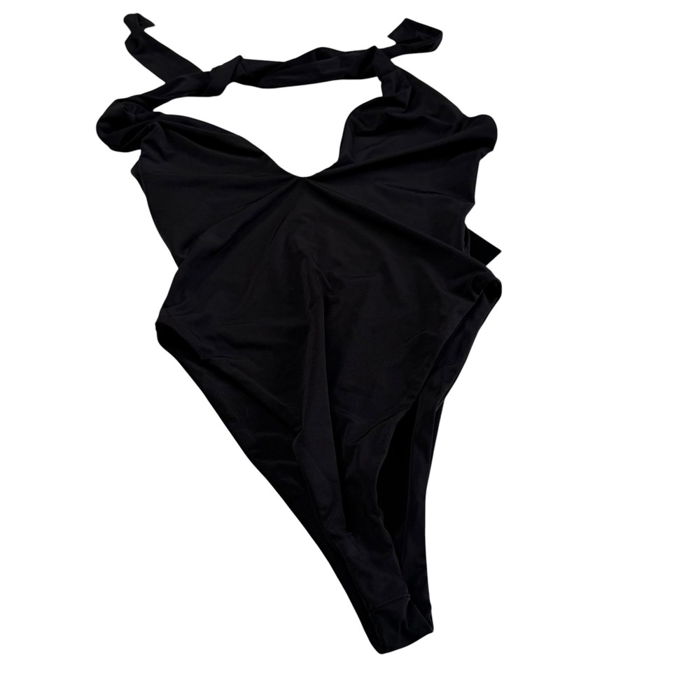 NAKED WARDROBE Swim One Piece Black Halter Deep V High Cut Women's Size XS NWT